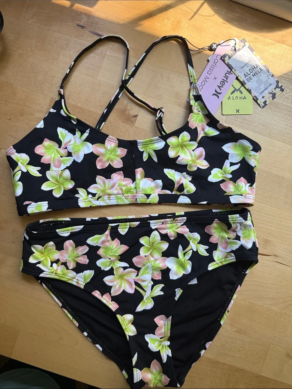 Girls Hurley Black Floral Bandeau Two-Piece Swim Set x Carissa Moore Size L